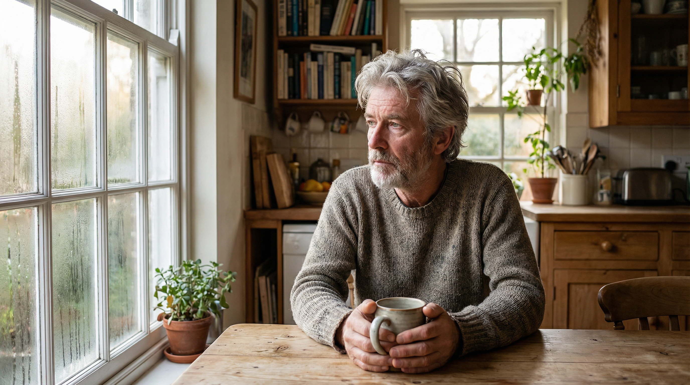 A man in his 60s sitting alone at a kitchen table, looking reflective